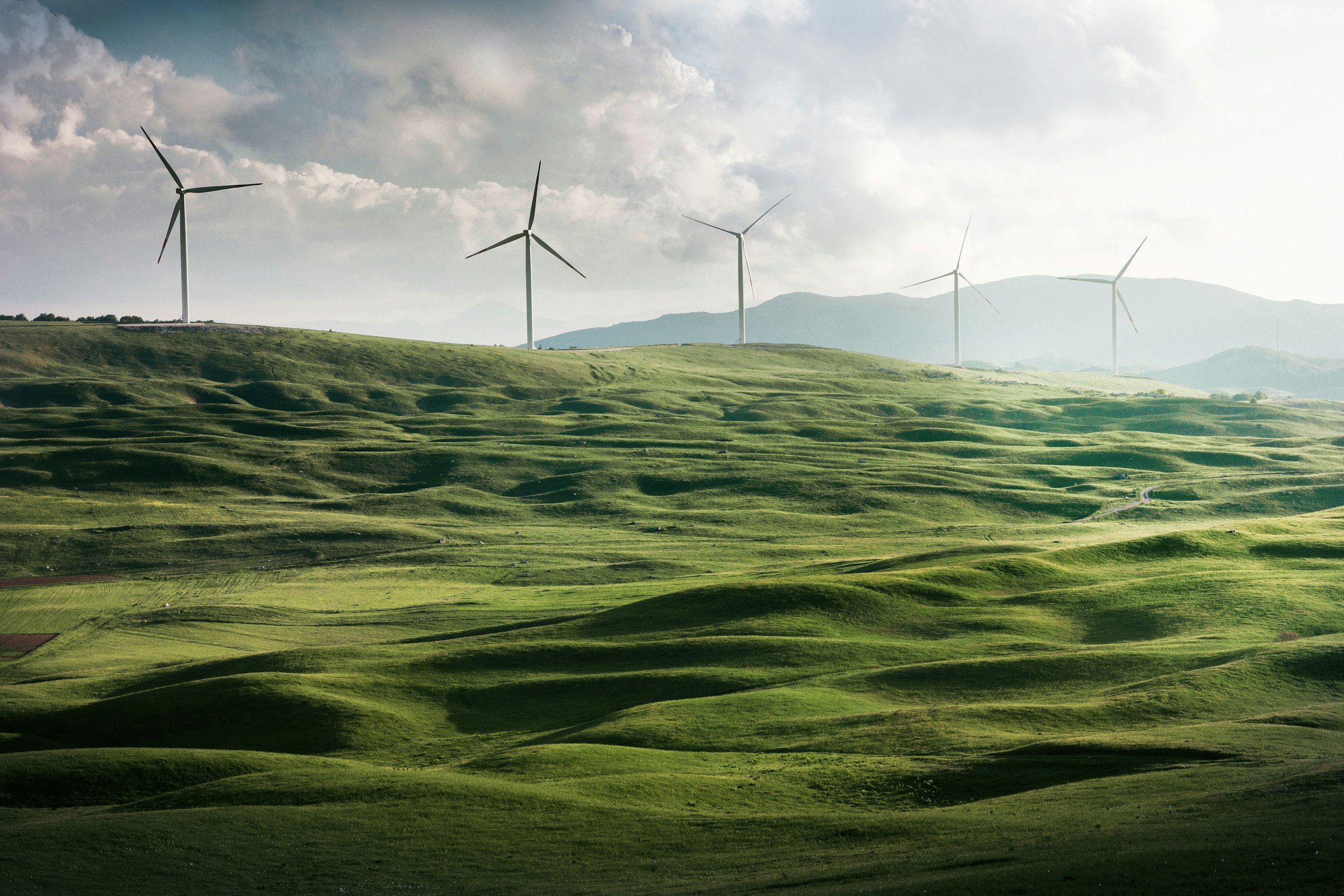 Wind turbines across green hills
